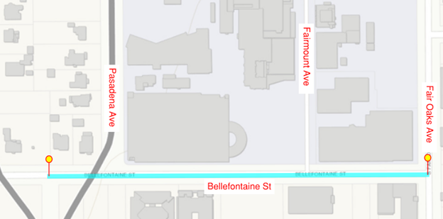 Map of Bellefontaine Street from Pasadena Avenue to Fair Oaks Avenue